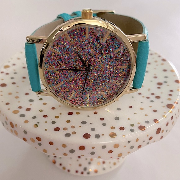 Confetti Glitter Face Watch with Turquoise Adjustable Band - Picture 2 of 5